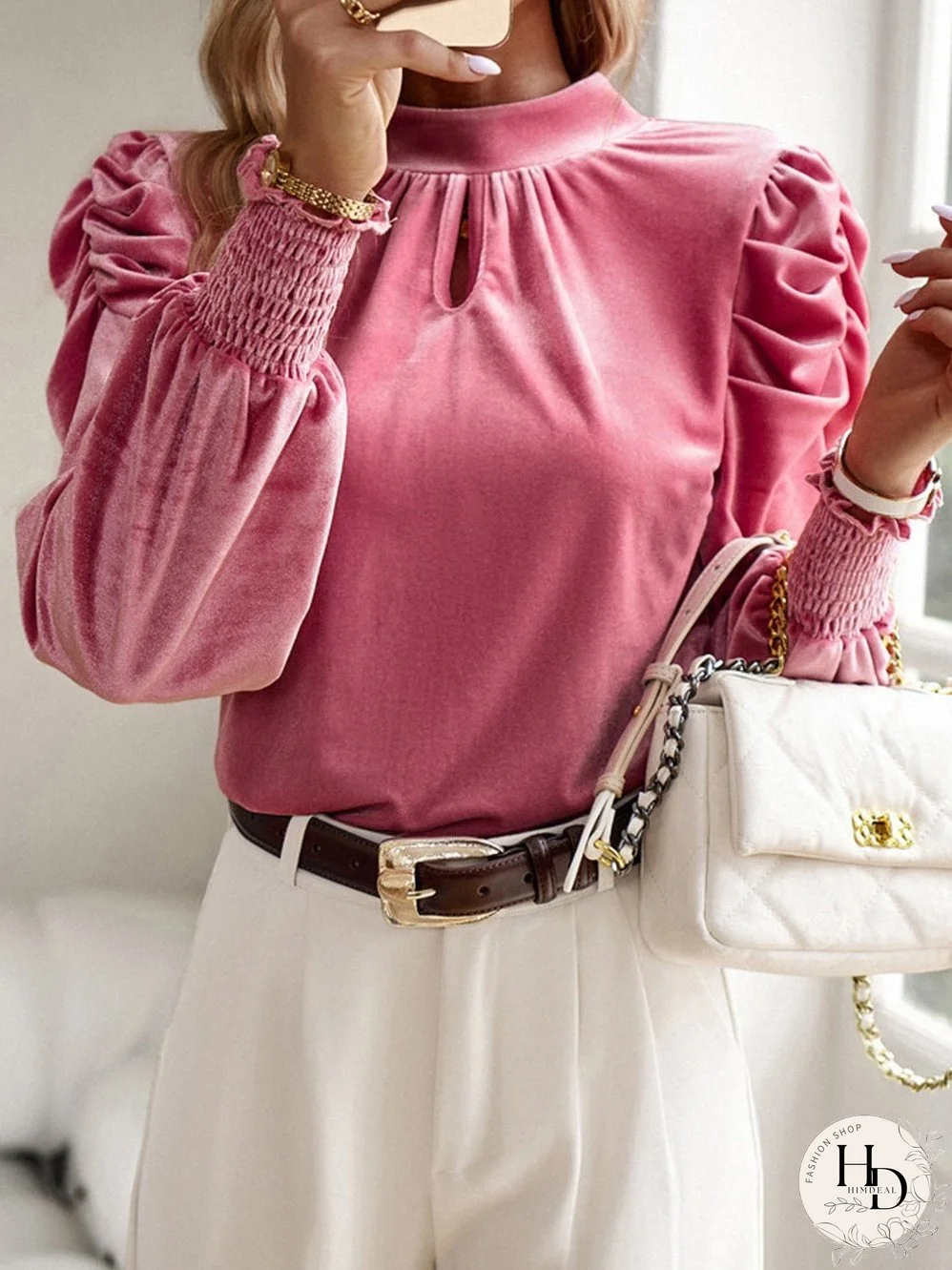 Solid Color Chiffon Loose V-Neck Long Sleeve T-Shirt