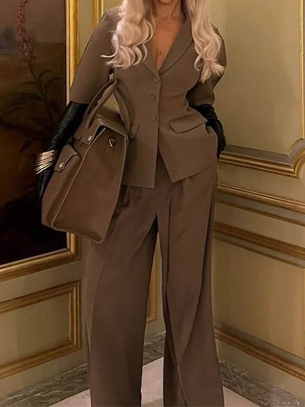 Women's Short Sleeve V-neck Solid Color Suit Set