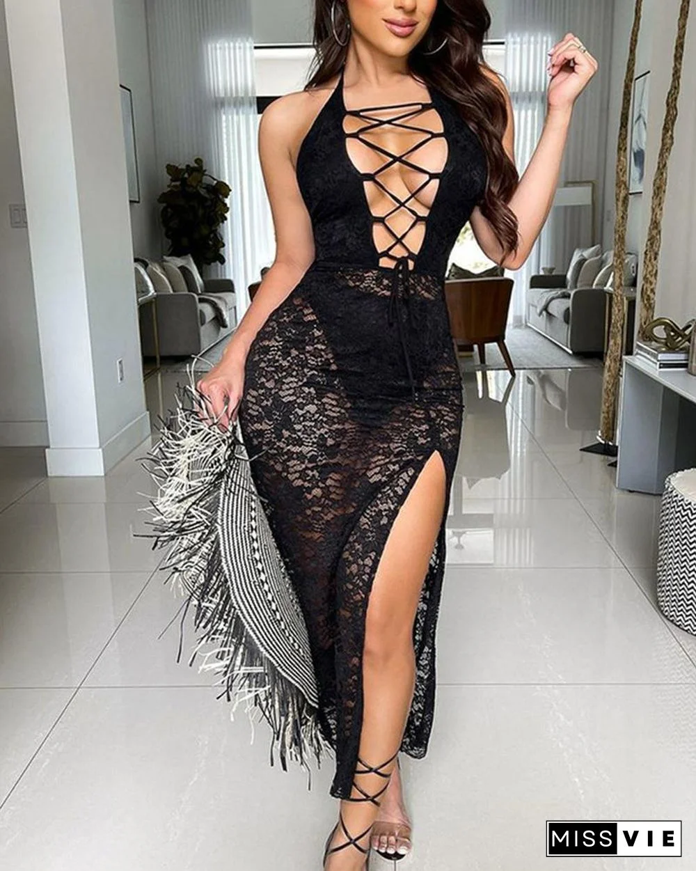 Contrast Lace Split Thigh Halter Dress