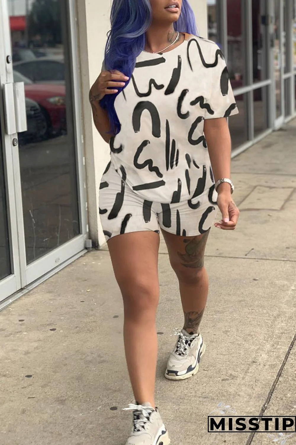 Apricot Casual Print Patchwork O Neck Short Sleeve Two Pieces