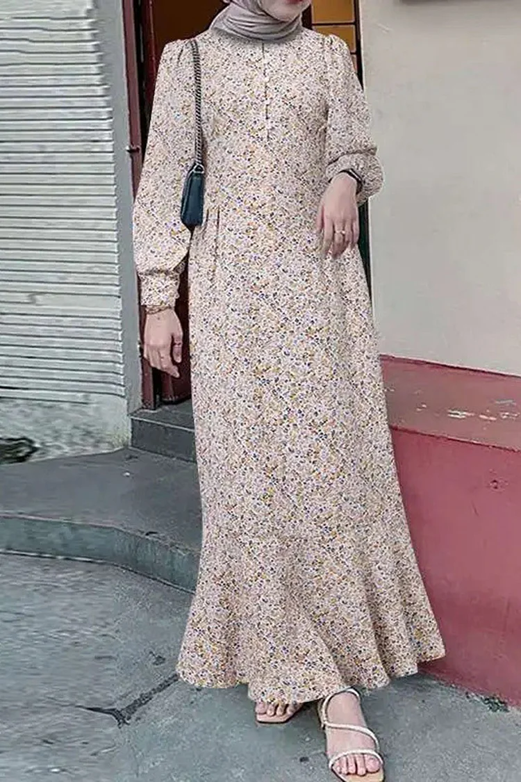 All Over Print Half Button Tied Up Round Neck Long Sleeve Maxi Dresses