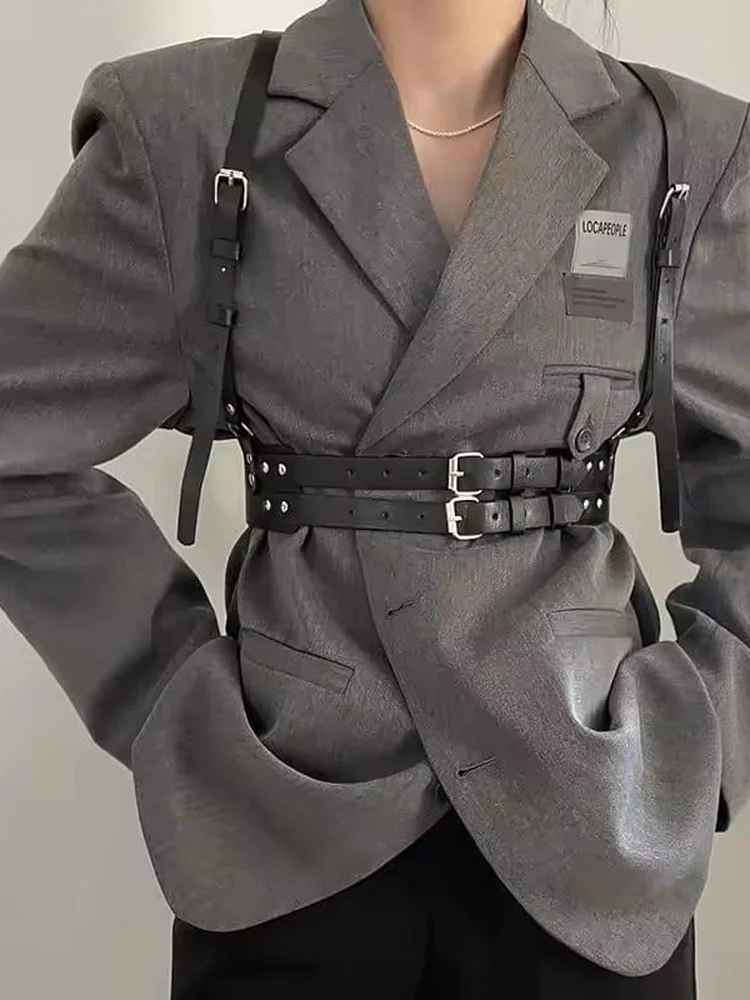 pornhint Pornhint Women's Personality Punk Style Harness Suspender Real Leather Waist Belt Adjustable , Silver Buckles Harness Fashion Body Harness leather body harnesses for women