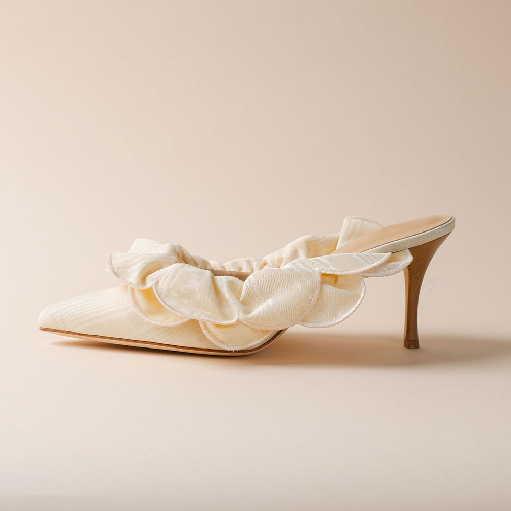 Ivory Satin Closed Pointed Toe Ruffled Mules With Kitten Heels Nicepairs