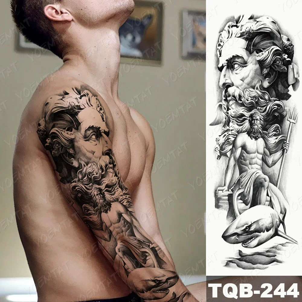 Waterproof Temporary Full Arm Tattoo Sticker Zeus Ancient Greek Poseidon Black Flash Tatoo Man Body Art Fake Sleeve Tatto Female