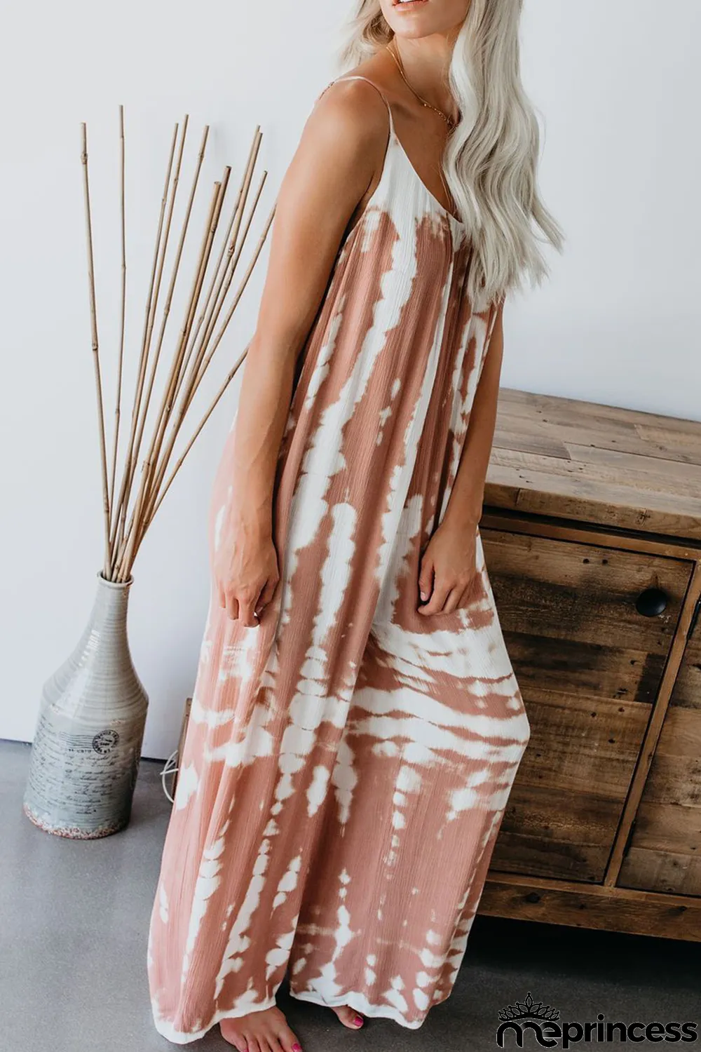 Pink Spaghetti Strap Tie Dye Baggy Long Pants Romper