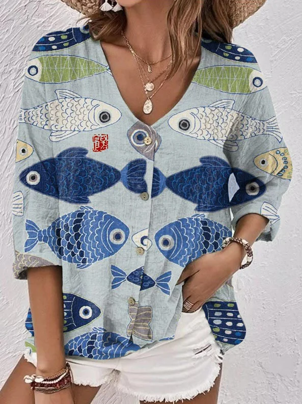 Women's Retro V-Neck Japanese Fish Print Button-Down Shirt