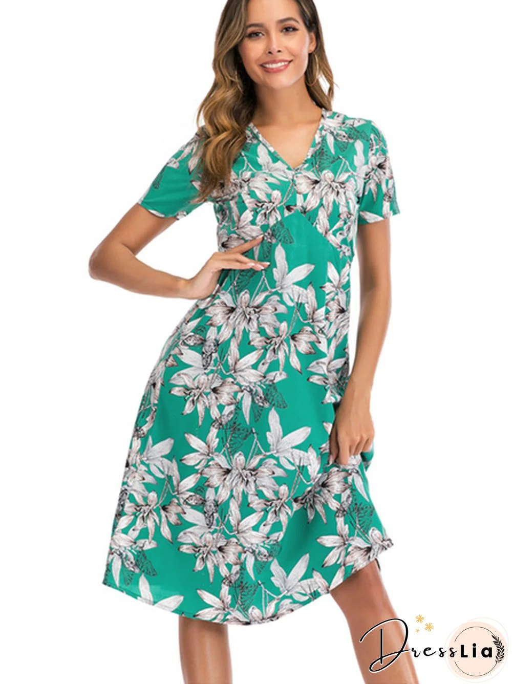 Floral Print V-Neck Half Elastic Waist Dress