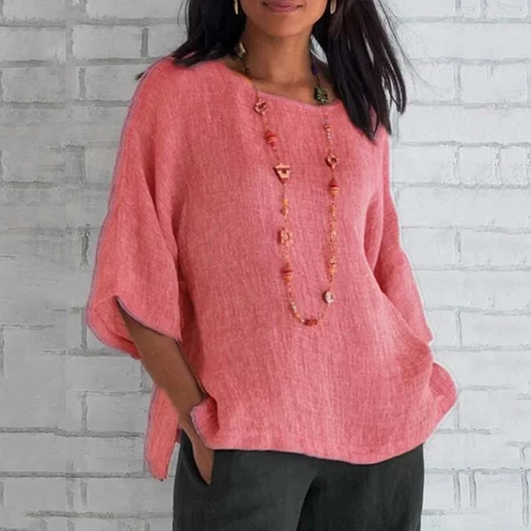 VChics Fake Cotton Linen Crew Neck Casual T-shirt
