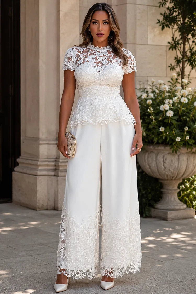 Xpluswear Design Plus Size Formal Elegant White Round Neck Short Sleeve Pocket See Through Lace Jumpsuits [Pre-Order] 2024 - Xpluswear