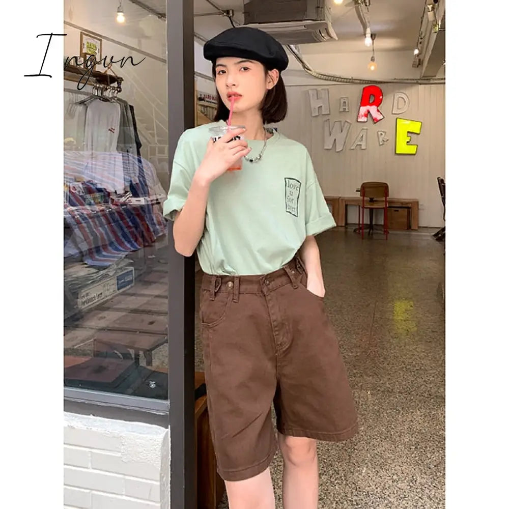 Ingvn - Women’s Short Summer High Waist Jeans Baggy Straight Five Points Trousers Streetwear