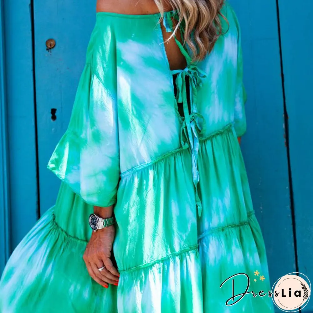 Off Shoulder Tie Dye Loose Casual Midi Dress