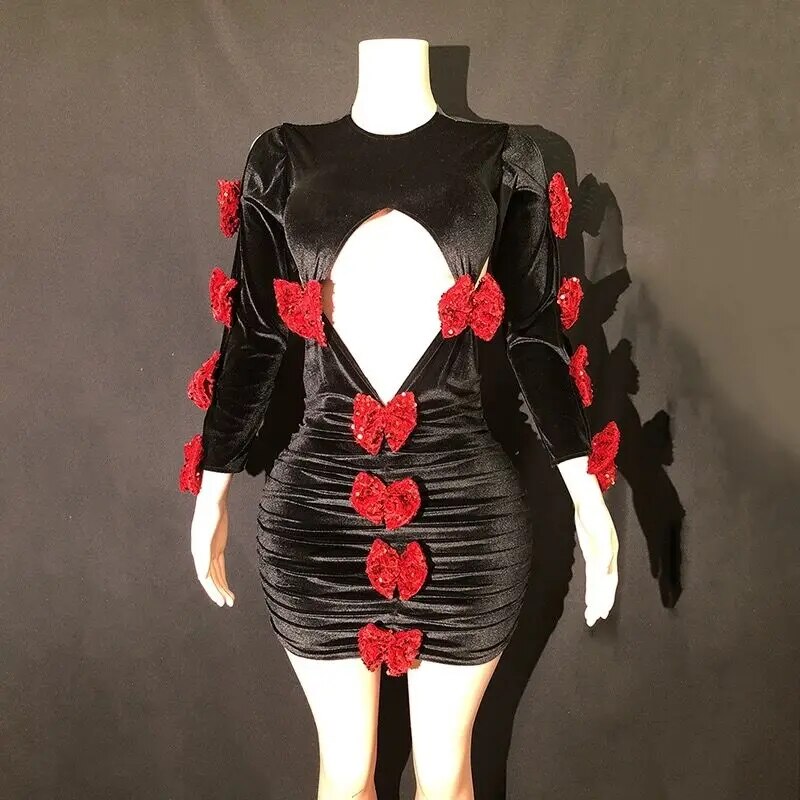 VCSHOES Black Velour Hollow Out Red Bowknot Sheath Mini Dress Nightclub Performance Custome Stage Wear Birthday Evening Party Dress