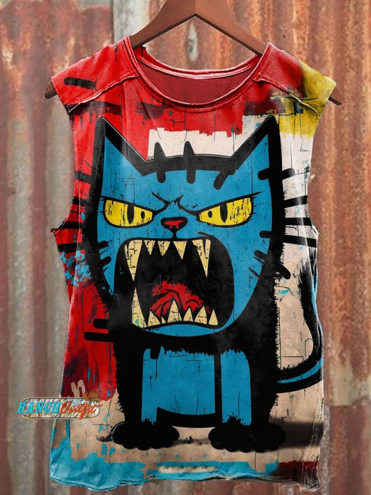 Vintage Abstract Angry Cat Art Print 100% Cotton Casual Tank Top Multicolor / S