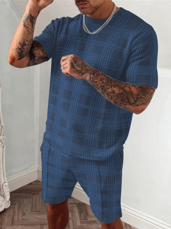 Mature Men Fashion Casual Plaid Short-sleeved T-shirt + Shorts Suits Two Piece Set