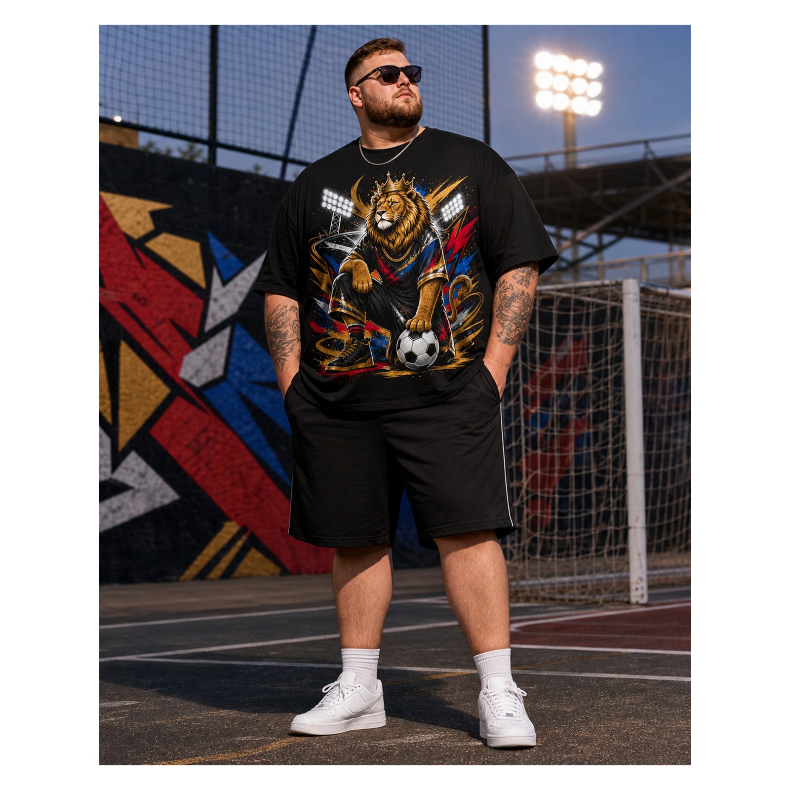 Big & Tall Men's Soccer Crowned Lion Graphic Short Sleeve T-Shirt Pants Set