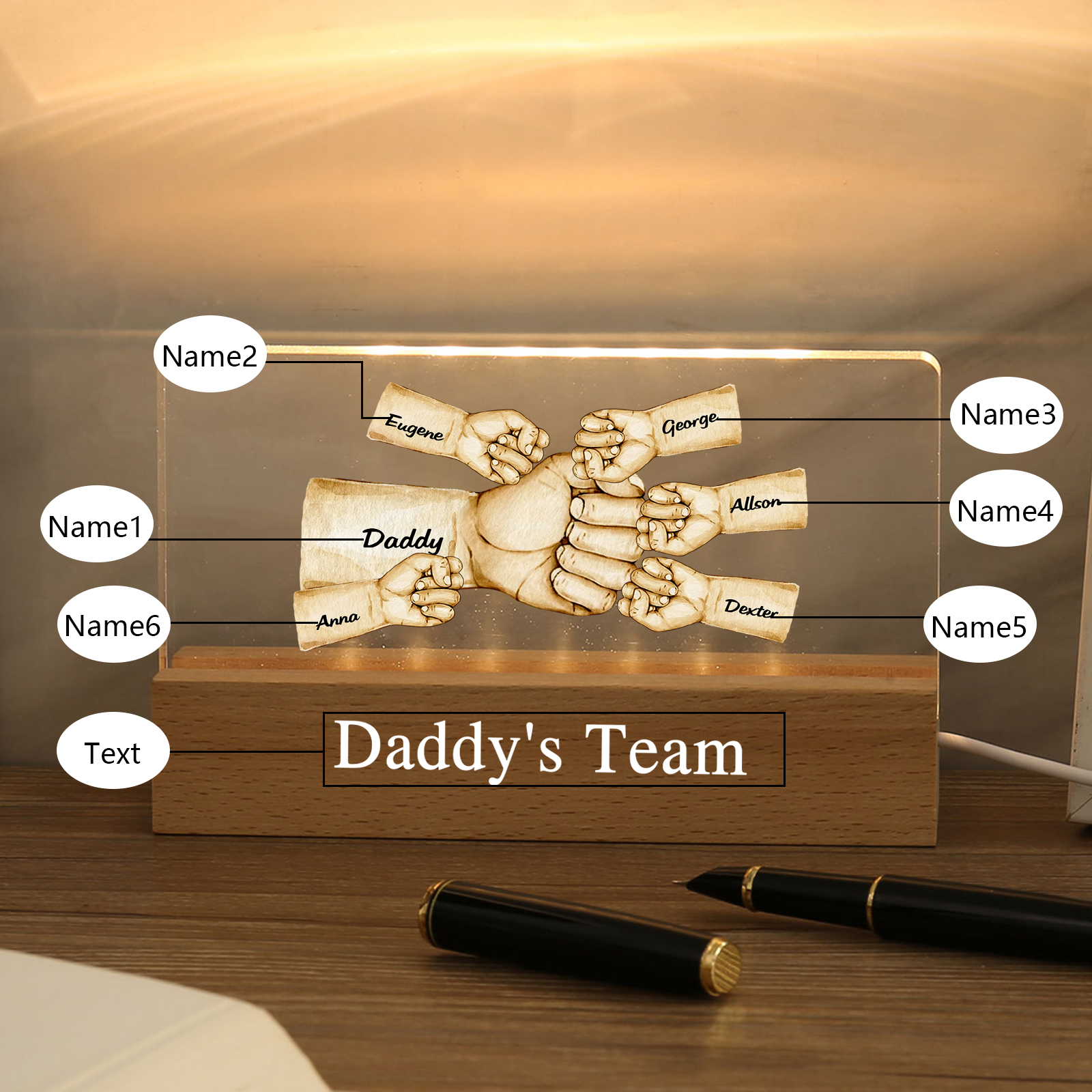 6 Names - Personalised Fist Bump Pattern Table Lamp Customized Text Father's Day Gift for Dad
