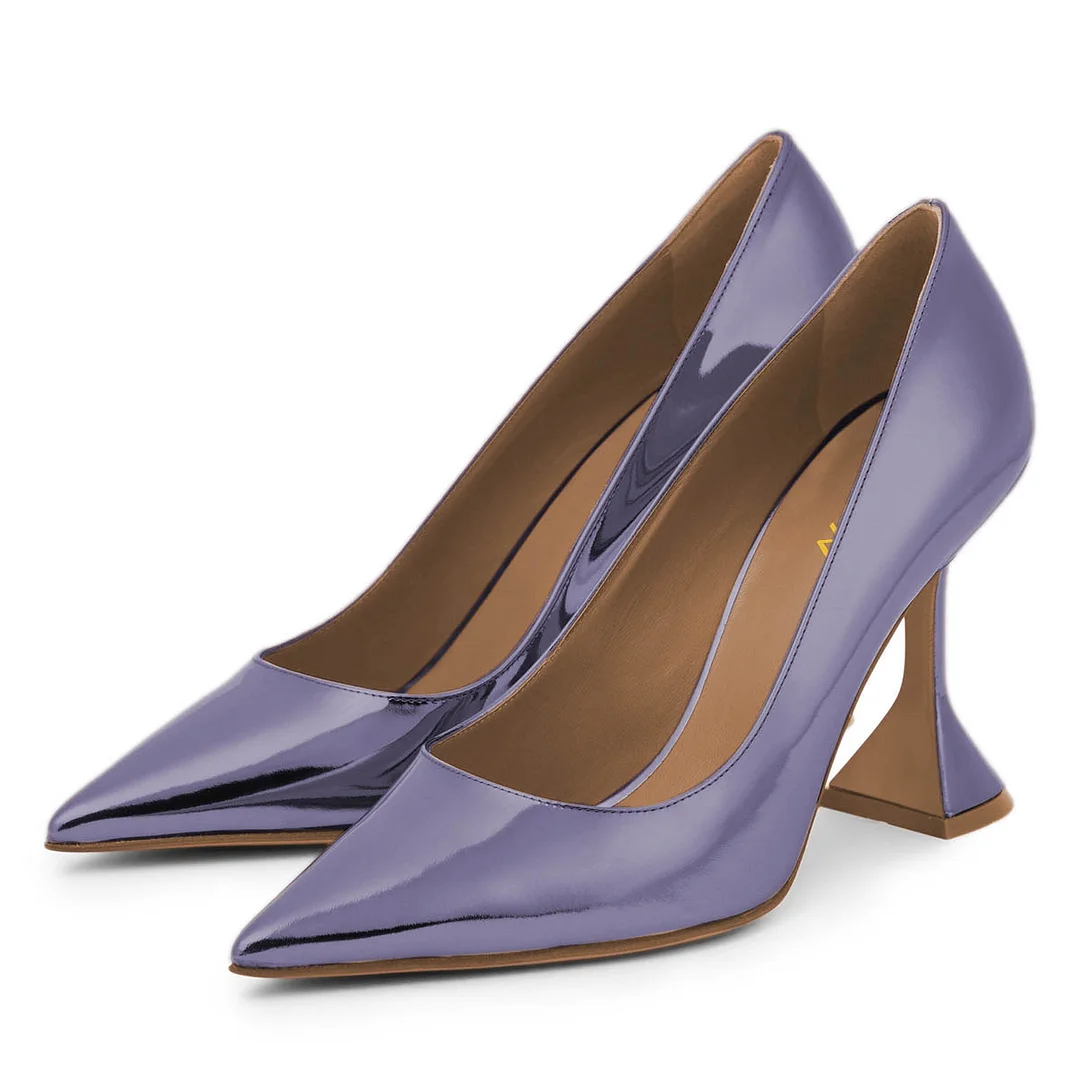 Patent Leather Pointed Toe Flared Heel Pumps Shoes in Purple