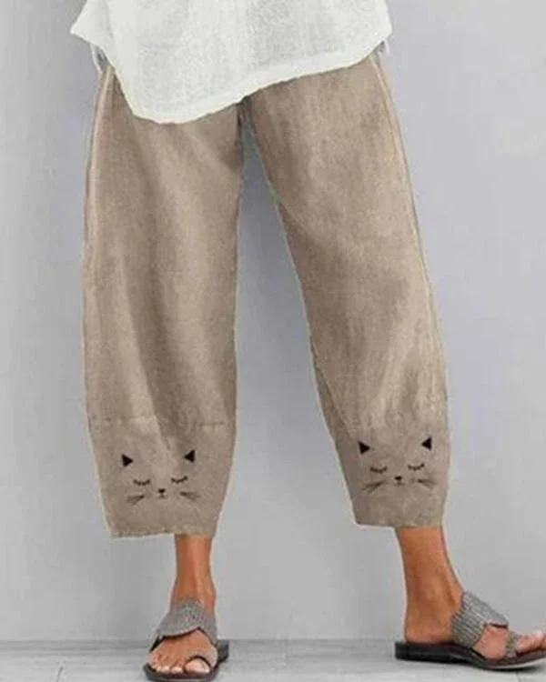 cotton and linen cat print cropped pants p206099