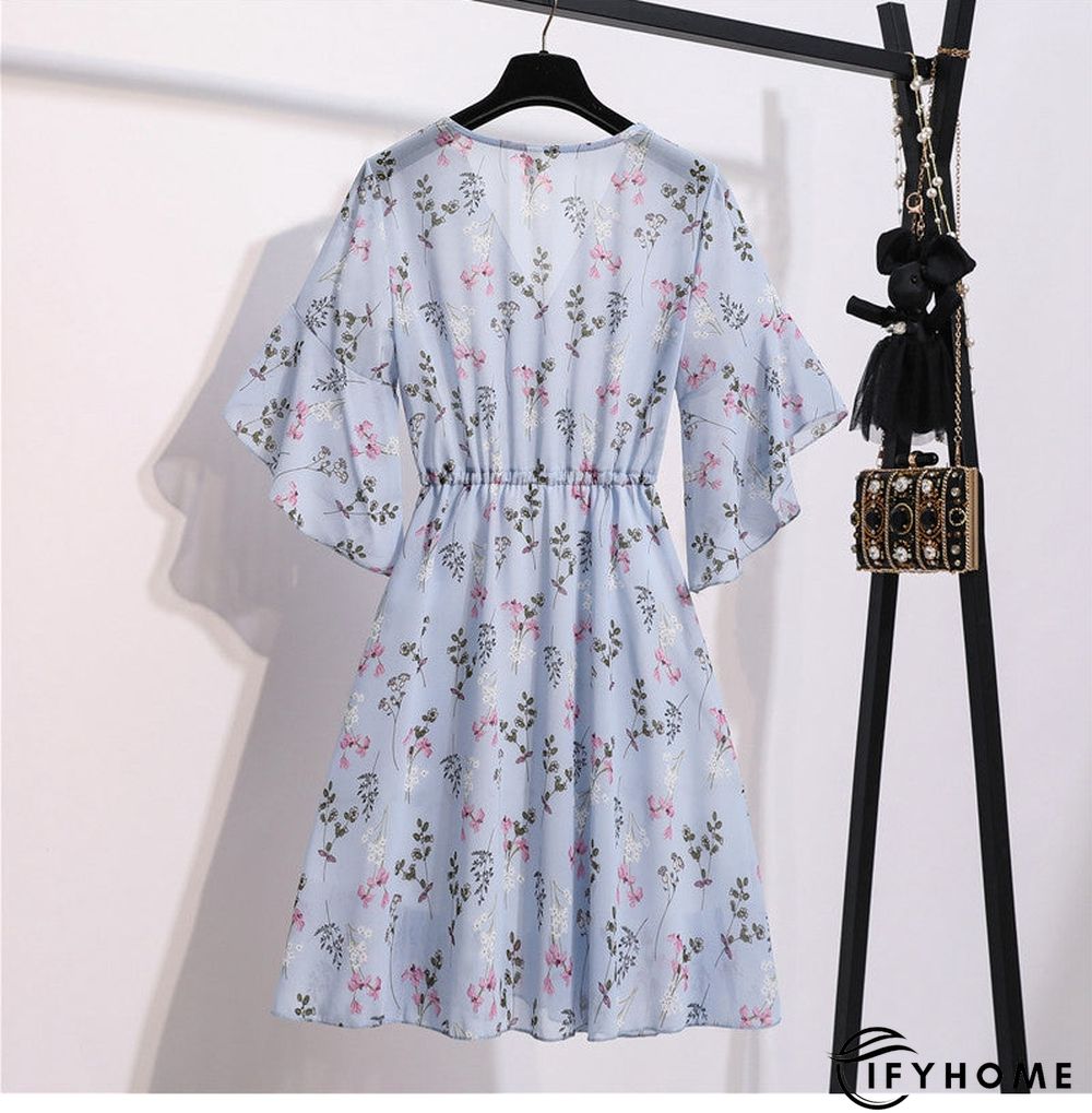 Spring Summer Chiffon Women V-Neck Floral Print Short Dresses Sweet Ruffle Sleeeve Slim Drawstring Ladies Dress | IFYHOME