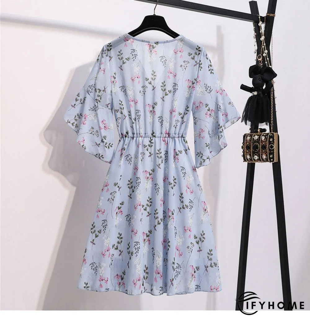 Spring Summer Chiffon Women V-Neck Floral Print Short Dresses Sweet Ruffle Sleeeve Slim Drawstring Ladies Dress | IFYHOME