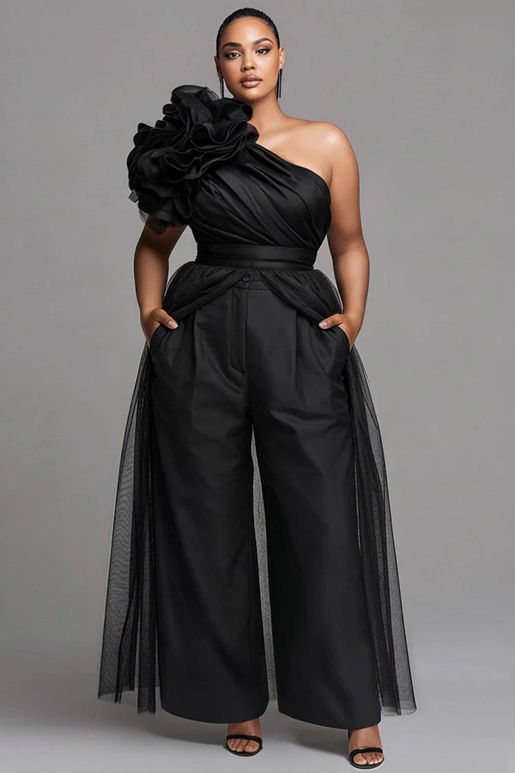 Xpluswear Design Plus Size Party Black 3D With&nbsp;Skirt&nbsp;Overlay&nbsp;Tulle Jumpsuits [Pre-Order] 2024 - Xpluswear