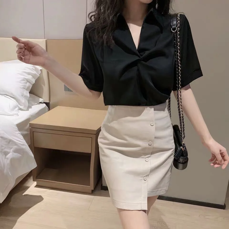 New Women Blouses Tops And Solid White V Neck Casual Blouse Office Shirt Blusas Mujer De Moda Short Sleeve Women Shirts Clothes