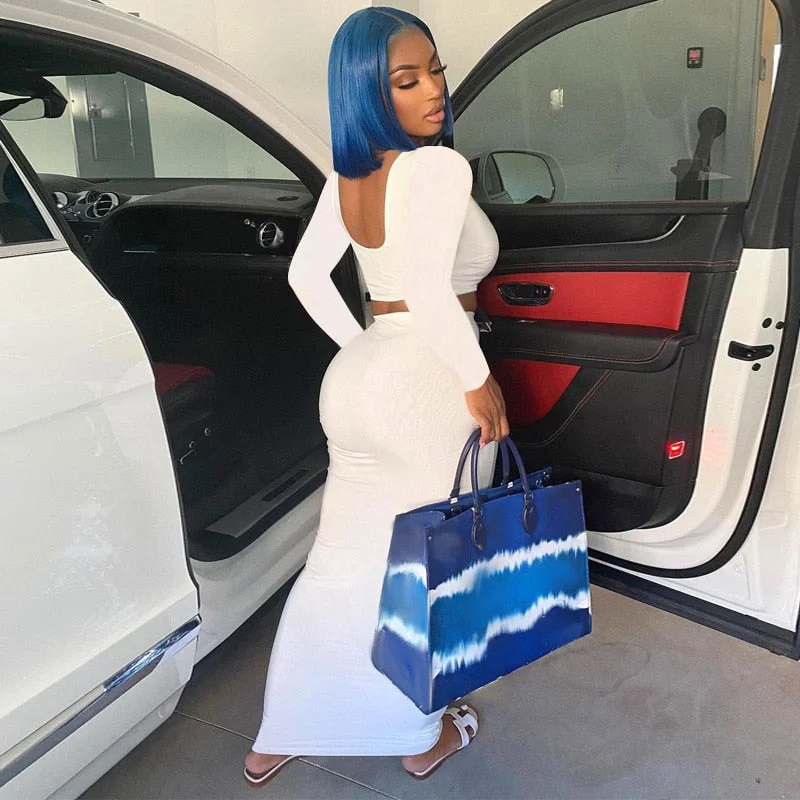 wsevypo Autumn Women Two-piece Clothes Set Solid Color Long Sleeve Pullover Crop Tops and High Waist Maxi Bodycon Skirts