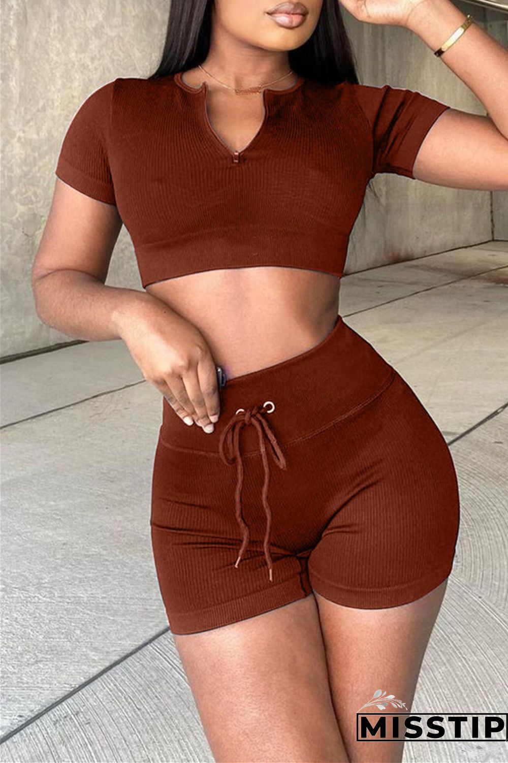 Black Fashion Casual Solid Basic V Neck Short Sleeve Two Pieces