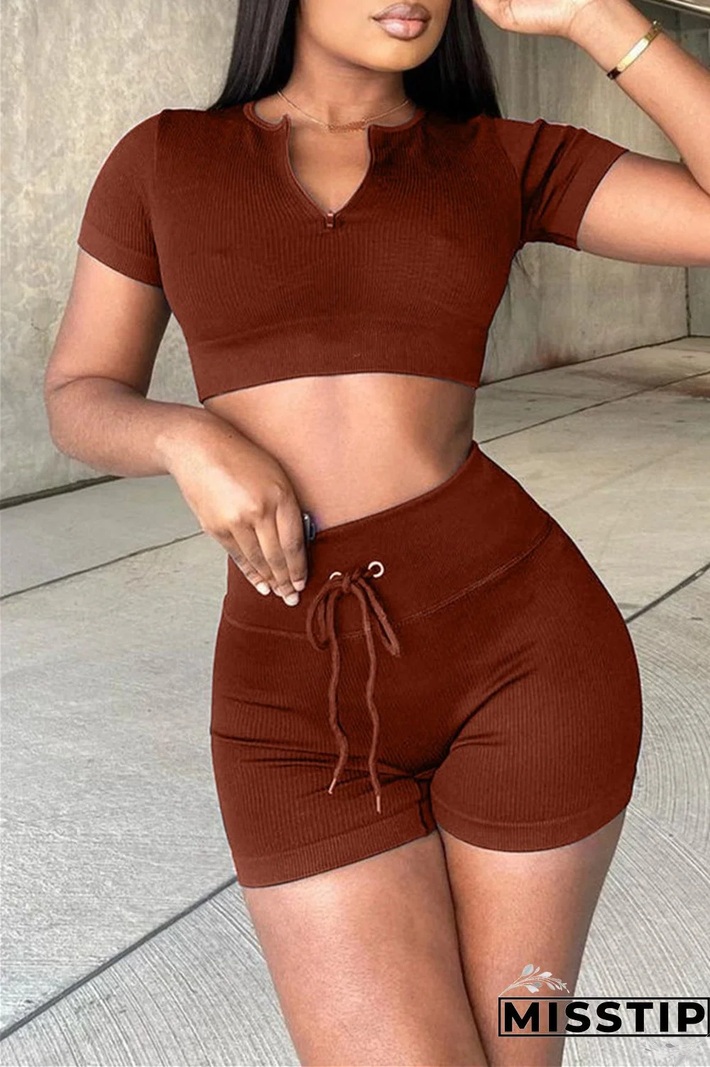 Black Fashion Casual Solid Basic V Neck Short Sleeve Two Pieces