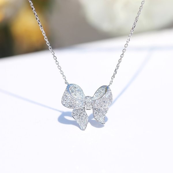 Fashion Bow 925 Silver Pendant with Shiny Diamonds Long Chain Necklace Is Suitable for Women's Fashion Wedding Jewelry - Shop Trendy Women's Fashion | TeeYours