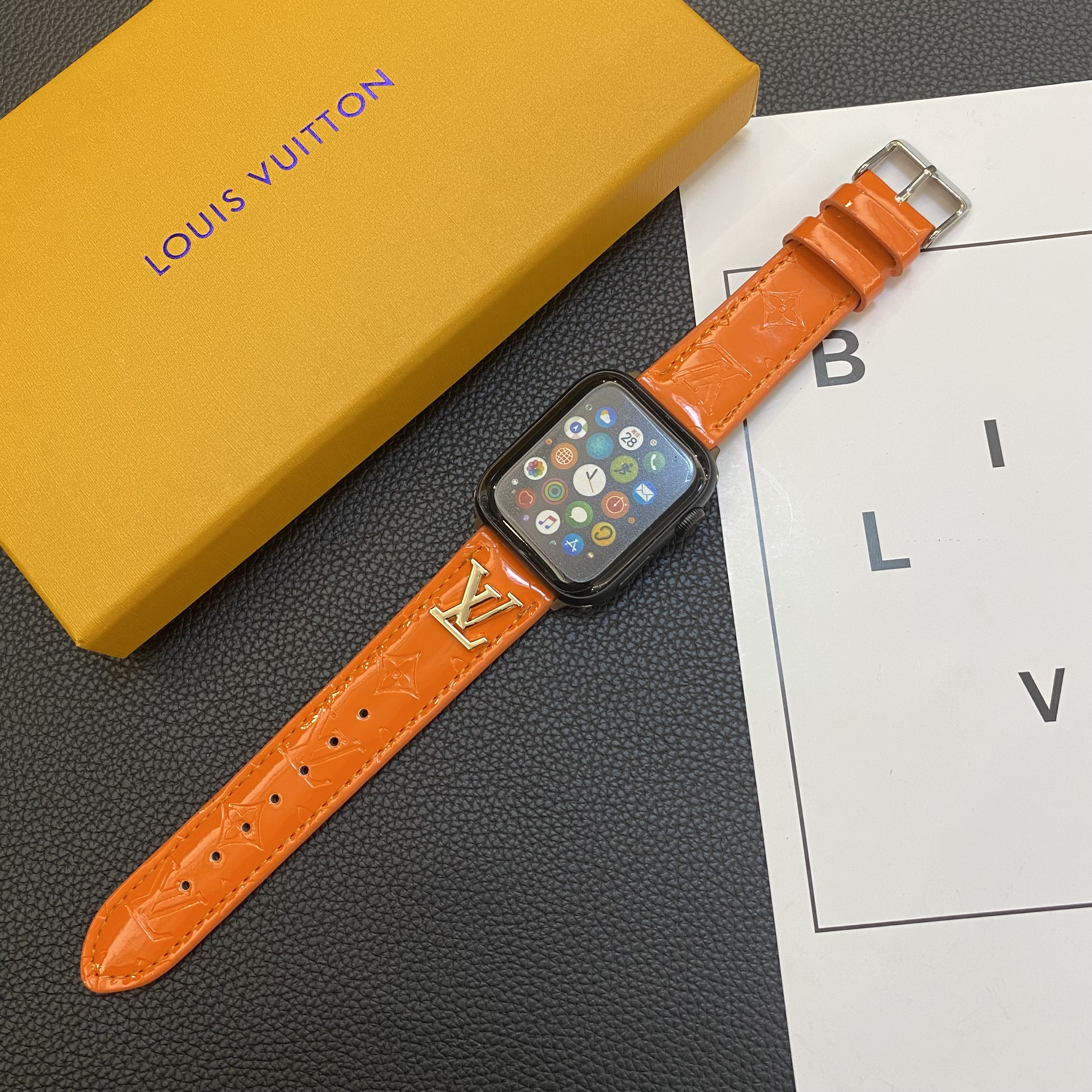 LV Glossy Leather Apple Watch Strap Luxury Metal Logo