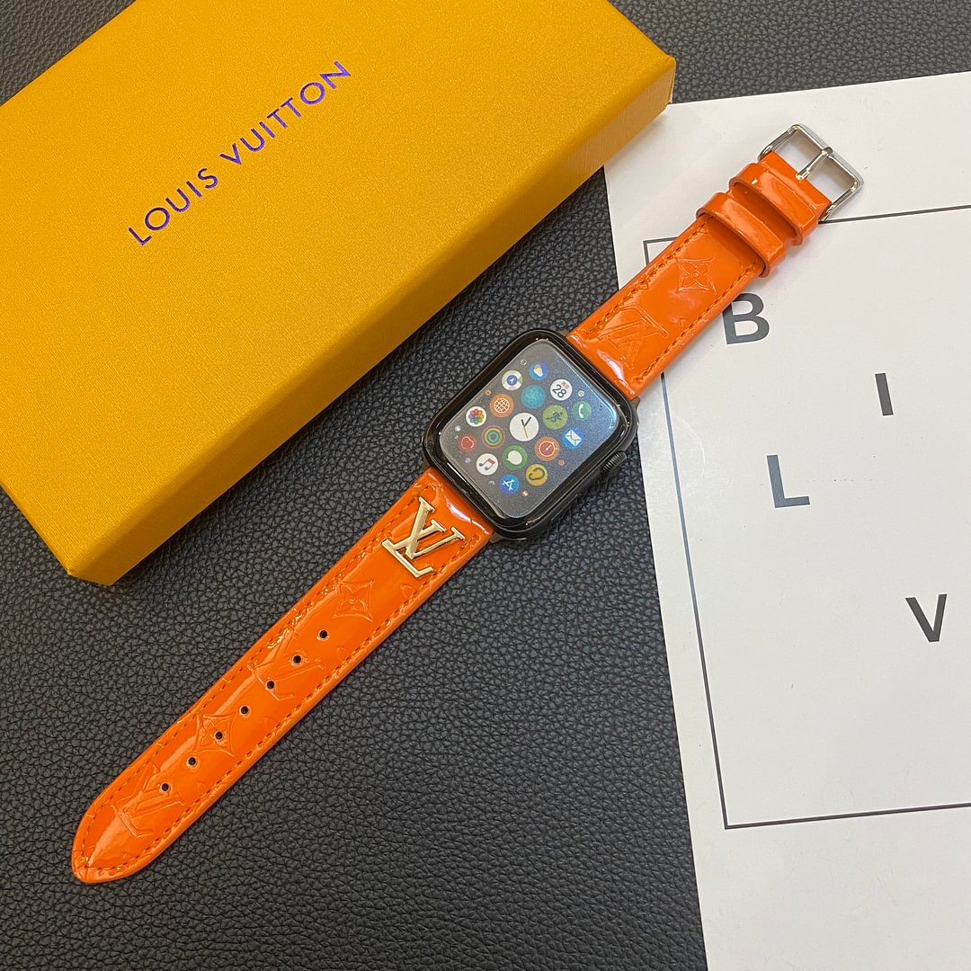 LV Glossy Leather Apple Watch Strap Luxury Metal Logo