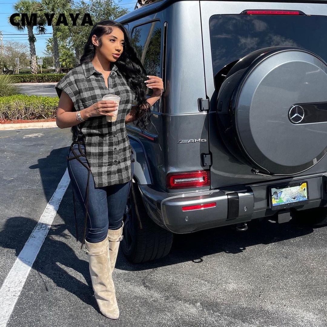CM.YAYA Women Plaid Lace Up Side Hollow Out Sexy Shirts Tops Elegant Streetwear Fashion Single Breasted Turn-down Neck Blouses