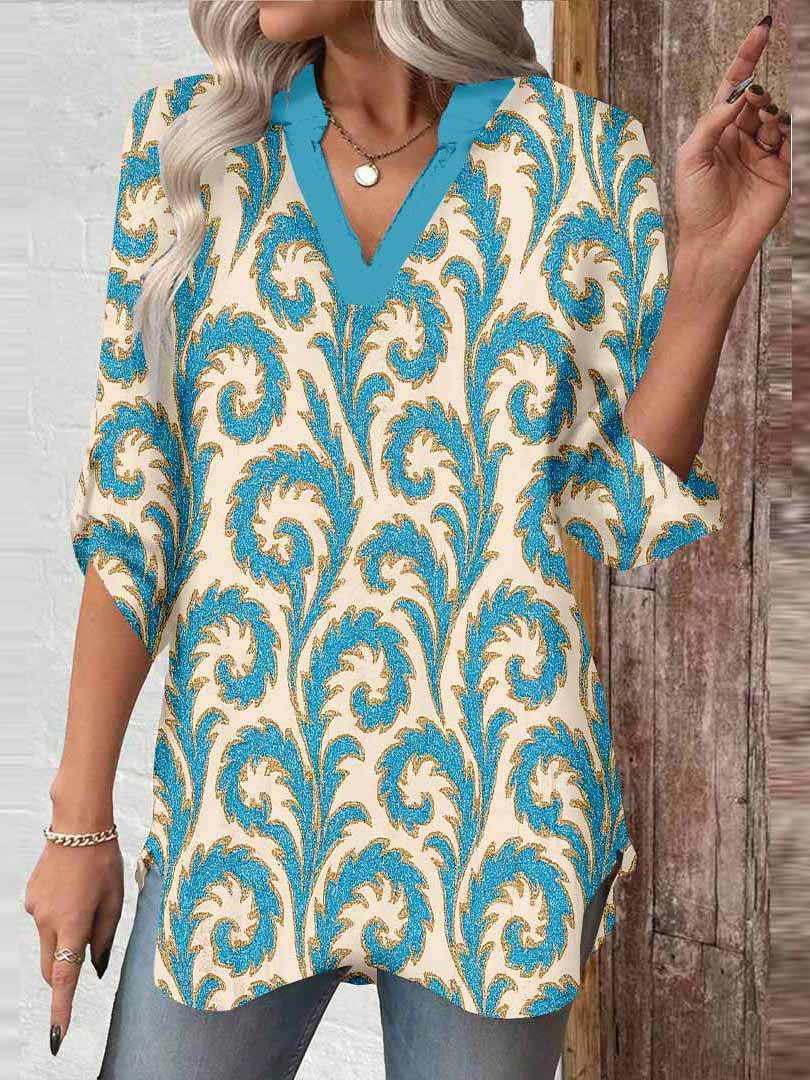 Women Retro, Blue, White DZGA0396 3/4 Sleeve V-neck Printed Graphic Button Tops