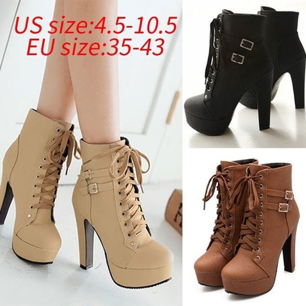 Plus Size 34-43 Fashion PU Leather Women Thick High Heel Short Boots (Black, Beige & Brown) - Shop Trendy Women's Clothing | LoverChic