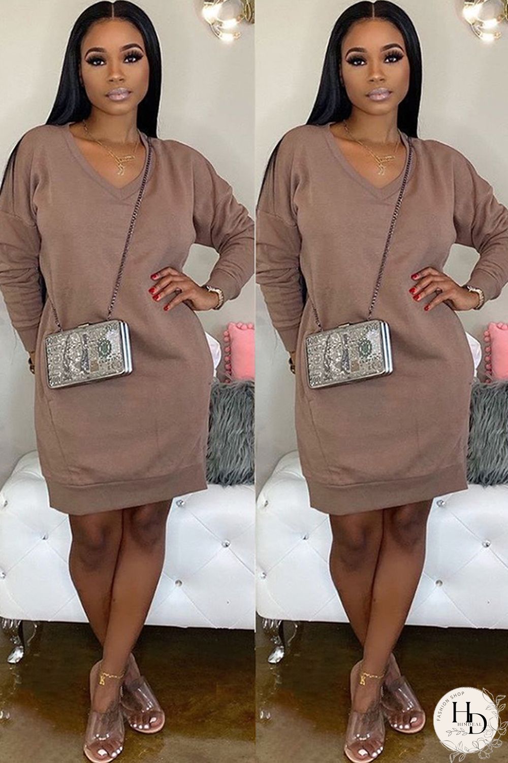 Olive green Acetyl fiber Sexy Cap Sleeve Long Sleeves V Neck Straight Knee-Length Solid