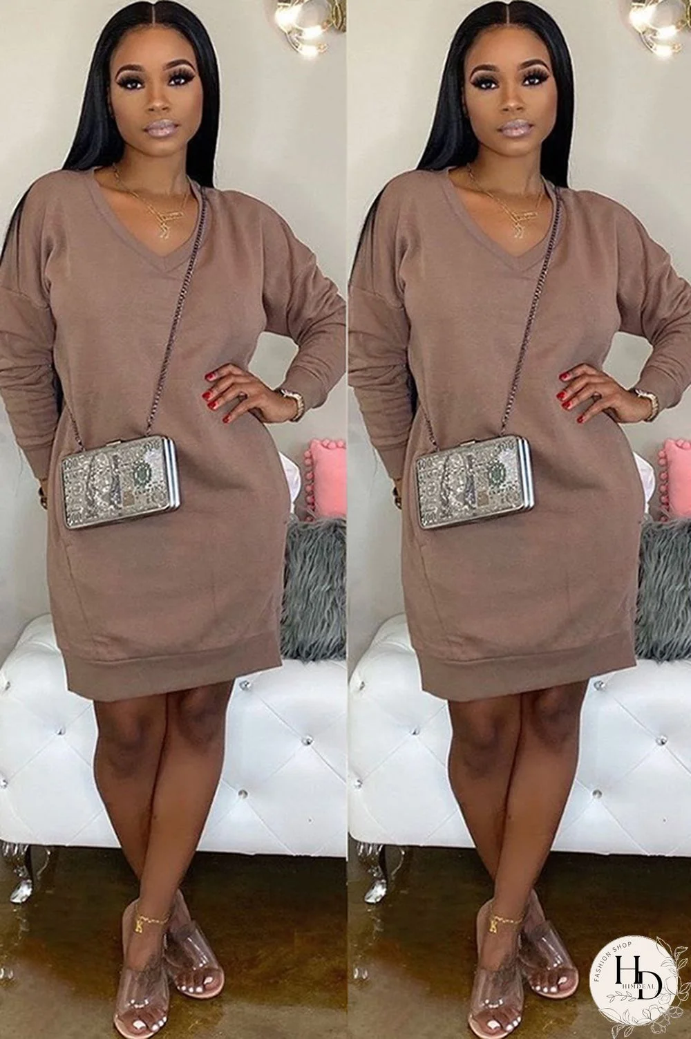 Olive green Acetyl fiber Sexy Cap Sleeve Long Sleeves V Neck Straight Knee-Length Solid