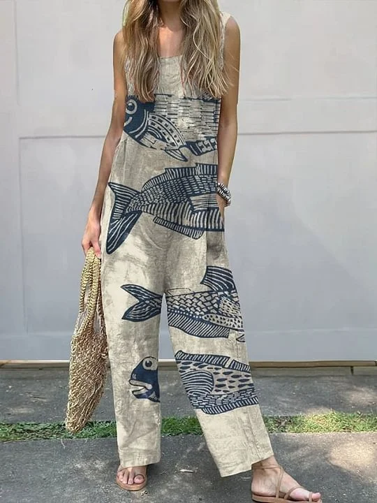 Women's Vintage Lovely Fish Art Print Casual 100% Cotton Wide Leg Jumpsuit