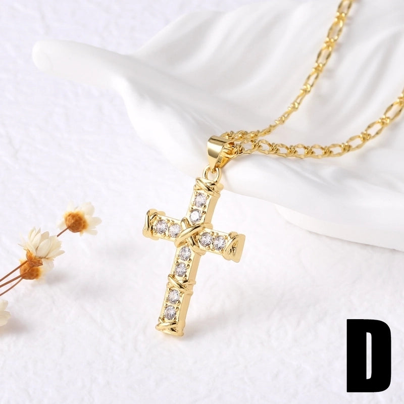 201 Stainless Steel Copper Cable Chain Box Chain 18K Gold Plated Inlay Cross Zircon Pendant Necklace