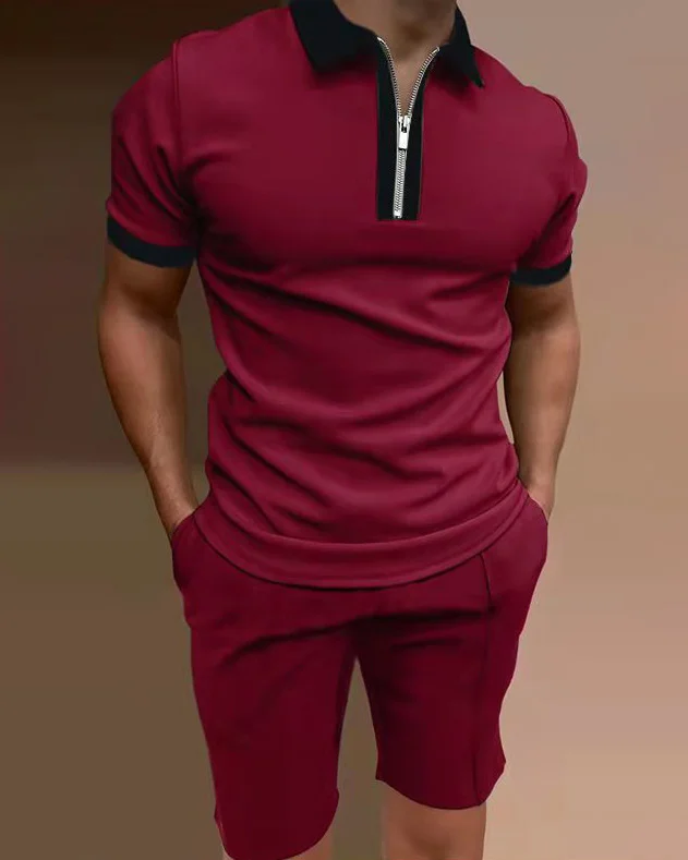 Men's polo shirt casual solid color two piece set