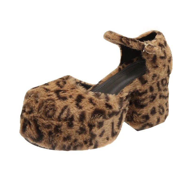 Christmas Gift Furry Fur Platform Pumps Womens Round Toe Leopard Mixed Colors Block High Heel Shoes Lolita Cosplay Halloween Real Leather 2021