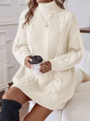Toloer Toloer Autumn And Winter New Clean Color High Collar Long Sleeve Wrapped Hip Sweater Women's Dress-Outfit Ideas