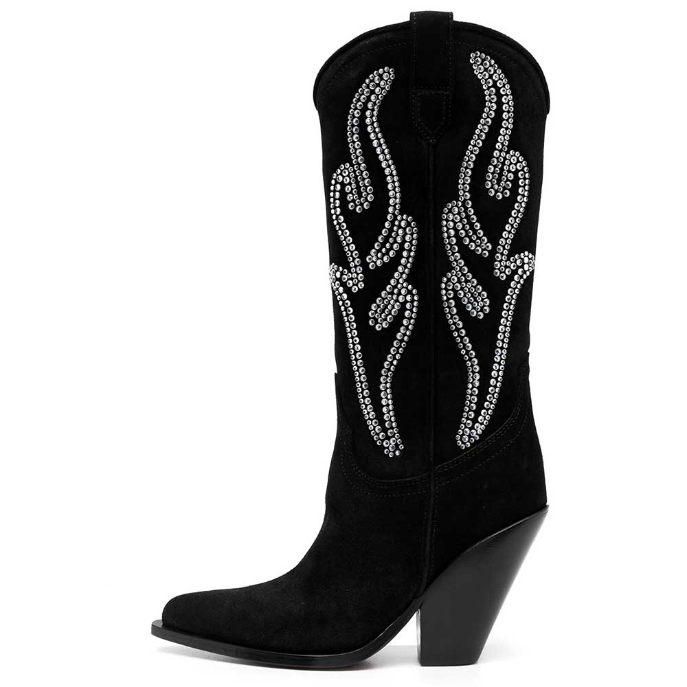 Black Pointed Faux Suede Rhinestone Embellished Wide Calf Cowgirl Boots   