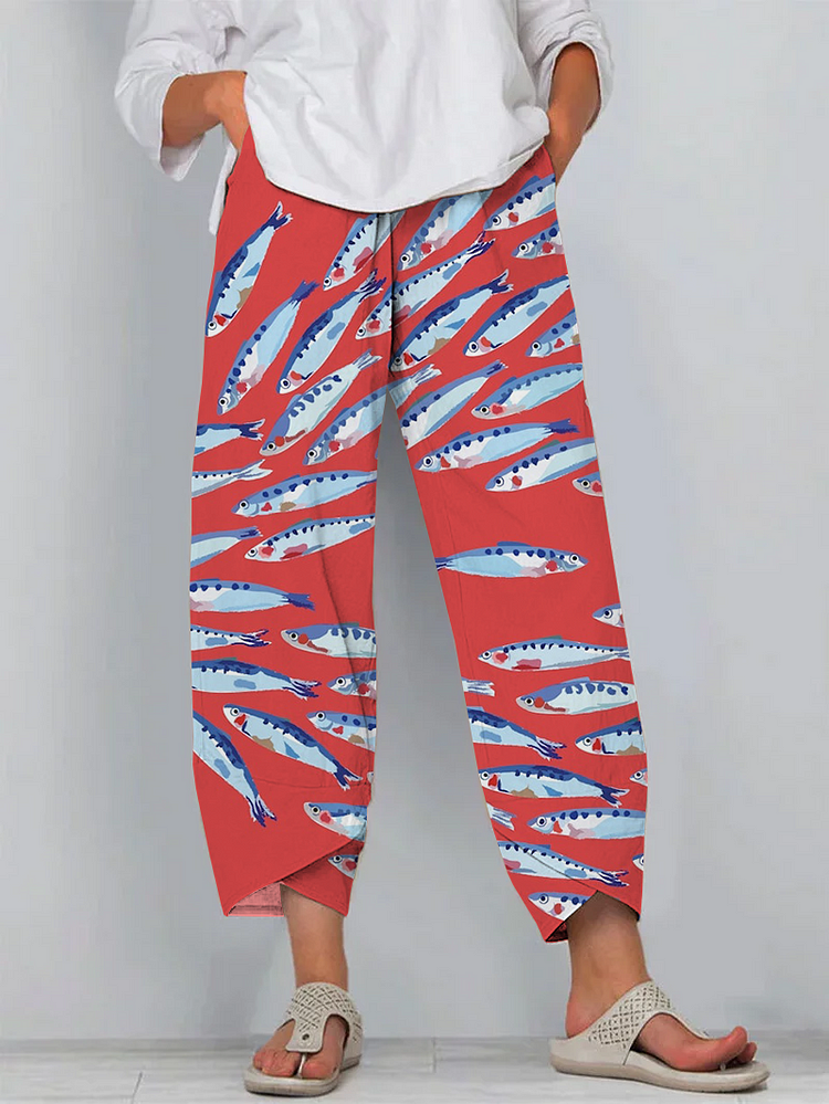 Japanese Red Sardines Art Print Cropped Pants