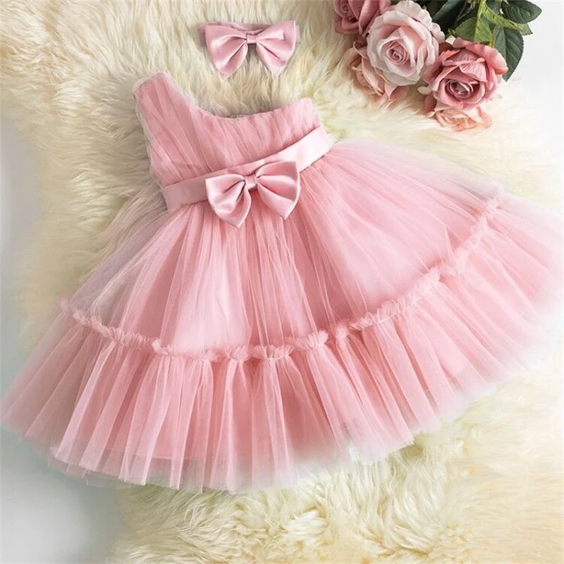 Newborn Girl Tutu Dress Headband Outfit Bowknot Clothes Baby Summer Dress Infant Party Wear Christening Gown 1 Year Birthday