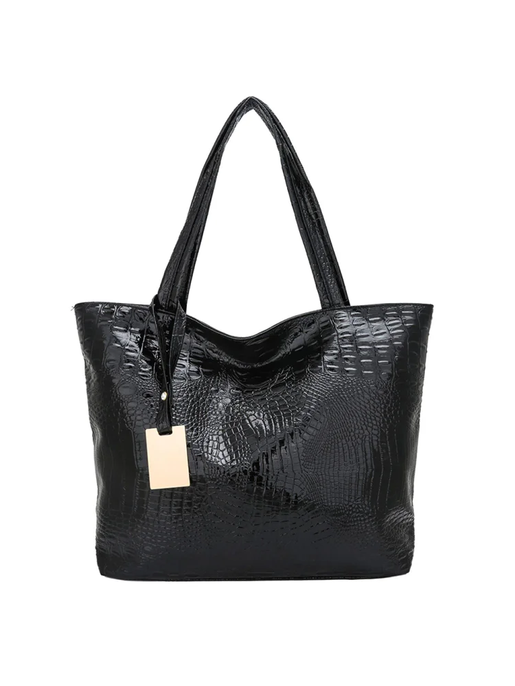 Retro Women Alligator Pattern Leather Shoulder Bag Large Handbags (Black)