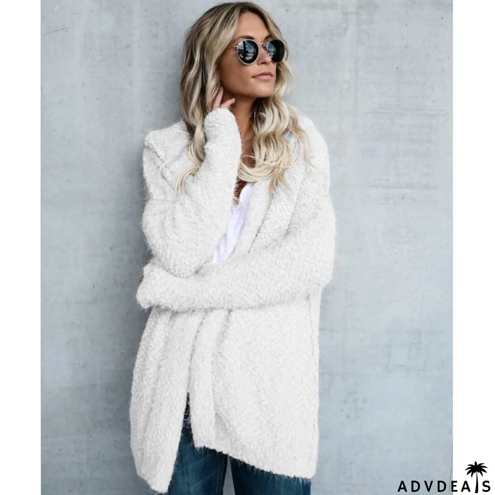 Autumn and winter women's fleece hooded cardigan top coat