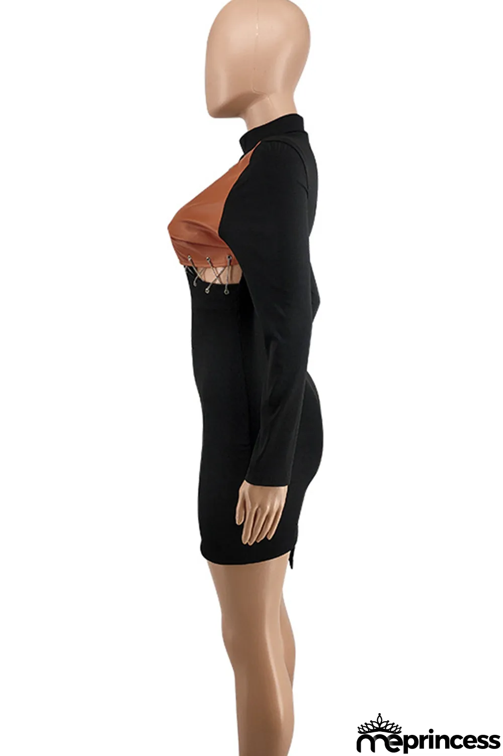 Red Fashion Sexy Patchwork Hollowed Out Asymmetrical O Neck Long Sleeve Dresses