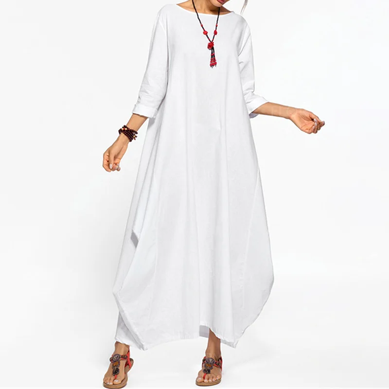 Round Neck Linen Pocket Long Sleeve Maxi Dress