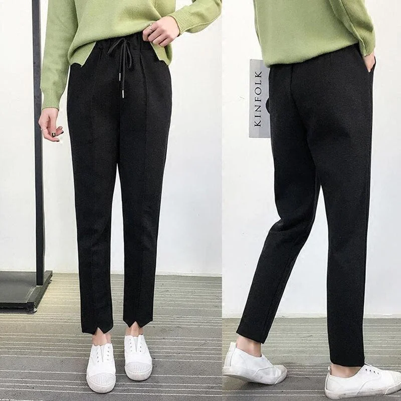 2020 Autumn New Women Woolen Harem Pants Female Plus Size Casual Trousers Elastic waist Black Pant Winter Ankle-Length Pants